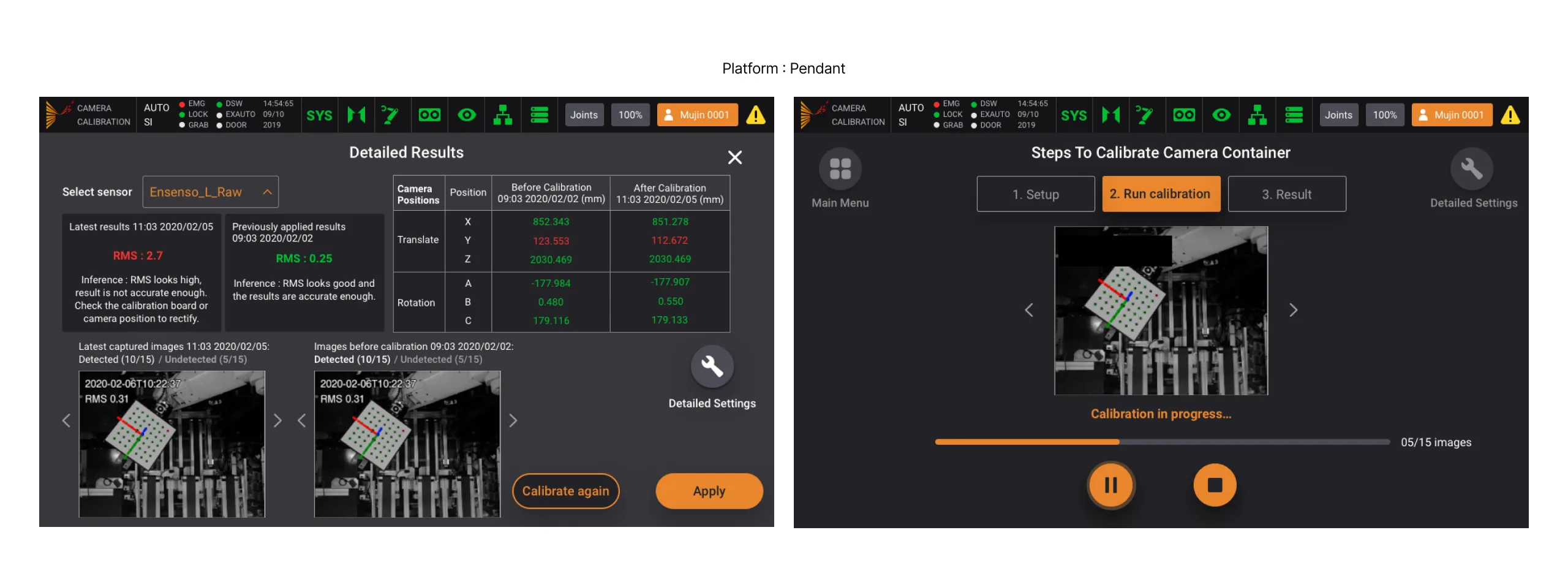 Camera calibration screens on the teach pendant